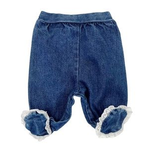 Vintage Footed 100% Cotton Denim Pants Lace Ruffle Butt Size 0-6 Months